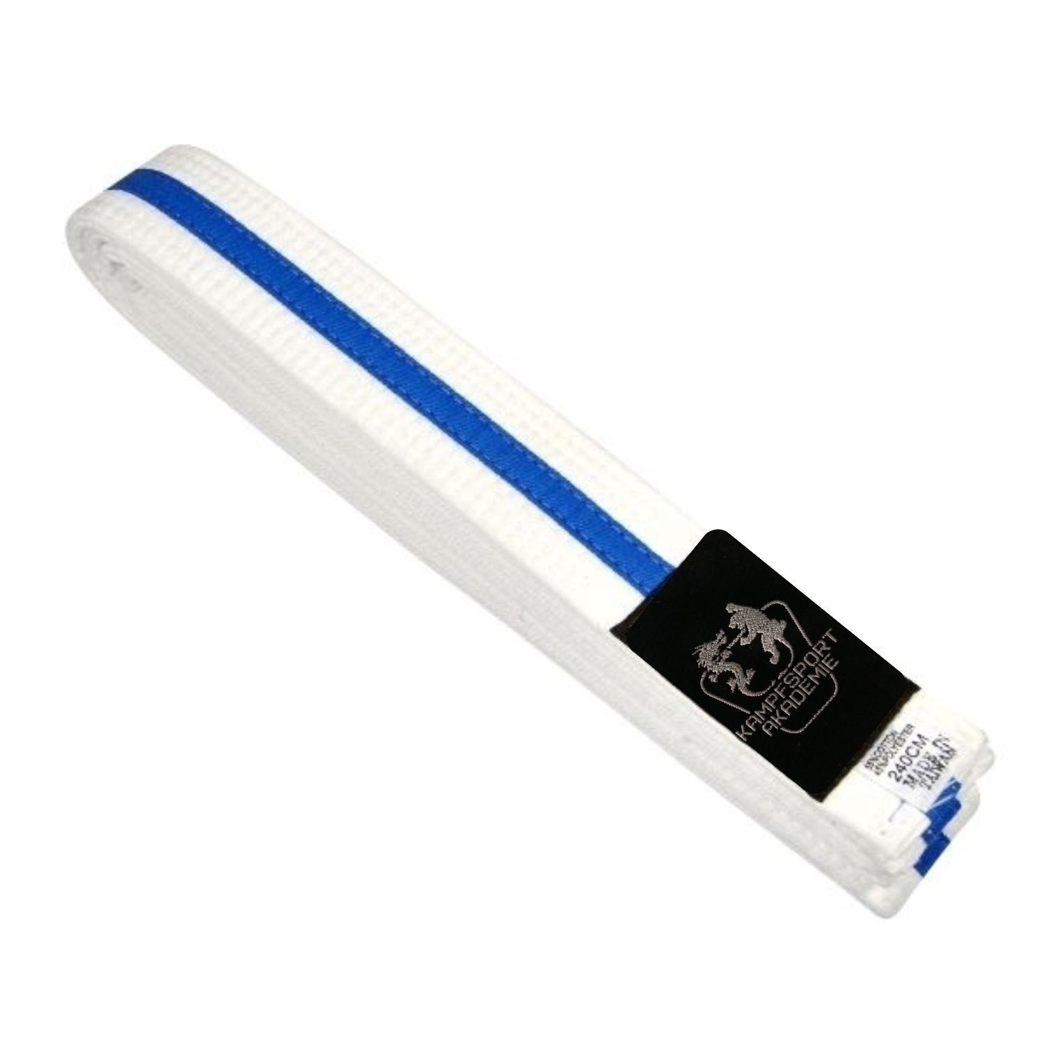 "Kampfsport Akademie" Gürtel Weiß mit Mittelstreifen Blau 220cm