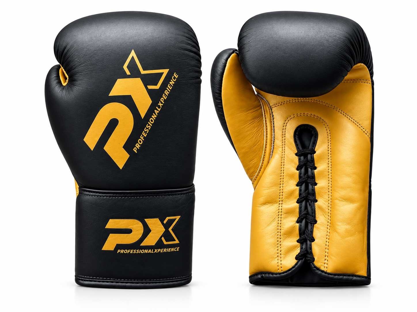 PX - Schnürboxhandschuh Leder | Black/Gold | Limited Edition 16 oz
