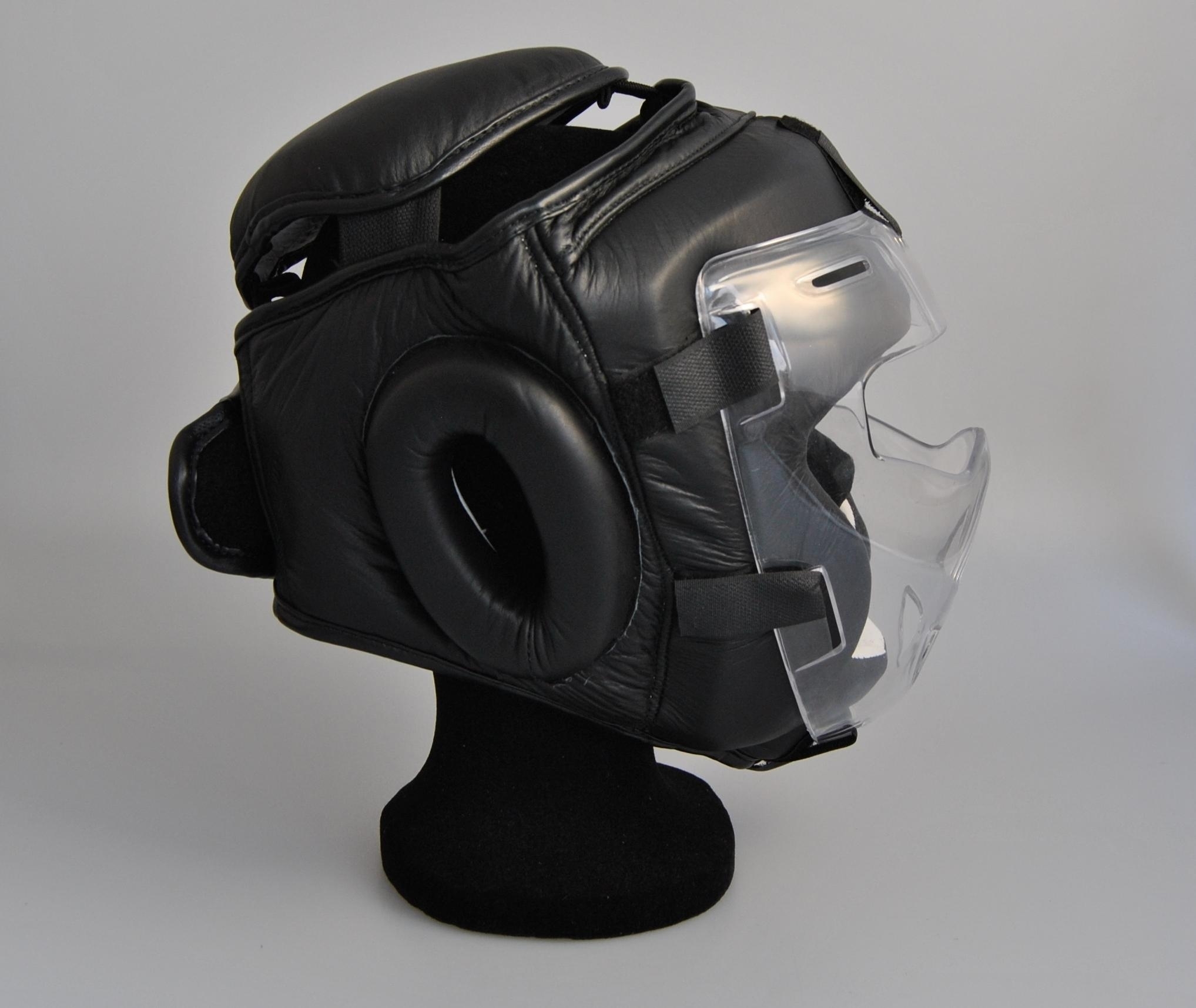 Headguard cowhide black, glass visor, size M